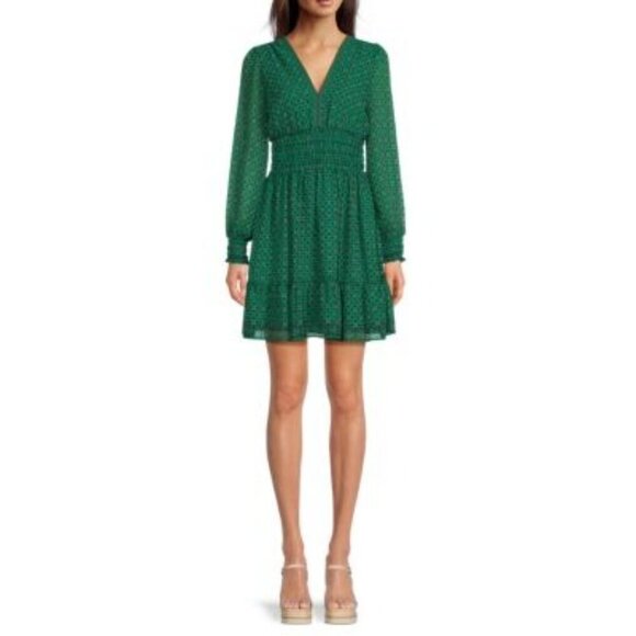 Max Studio Women's Long Sleeve Chiffon Green Smoked Mini Dress - Large - Picture 15 of 15
